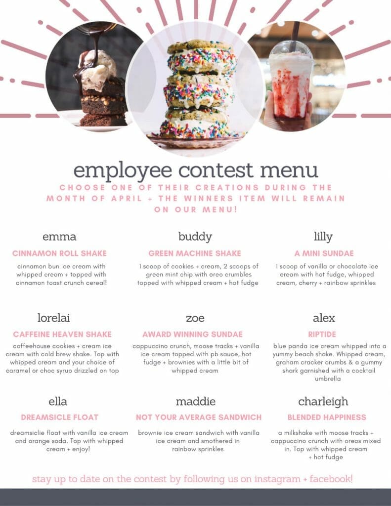 Specials for Employee Contest Menu